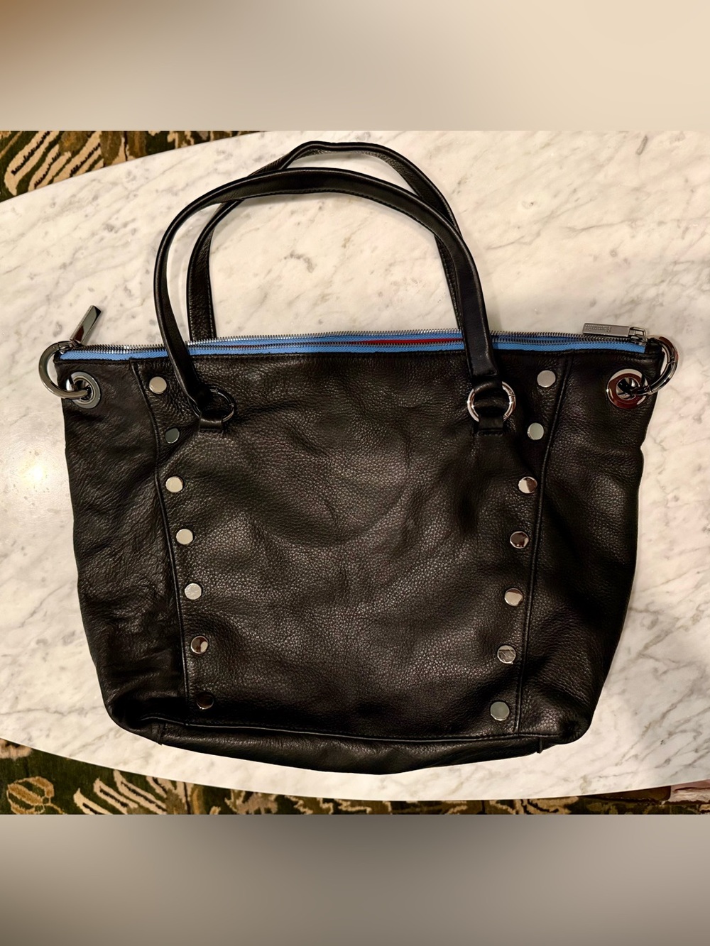 Hammitt Large Daniel Black Pebbled Leather with Skylight Blue Zipper